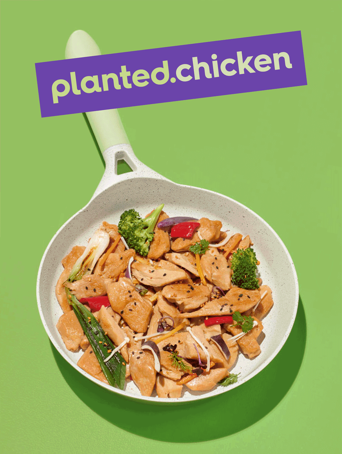 Animated poster alternating between planted.chicken in a pan on green and planted.pulled tacos on pink